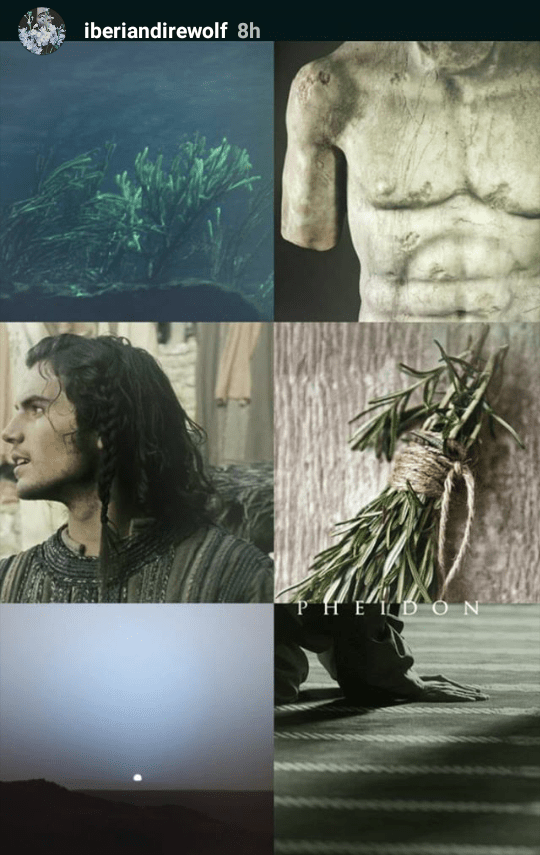 Pheidon Hydranos fantasy book character aesthetic mood board green beige colors