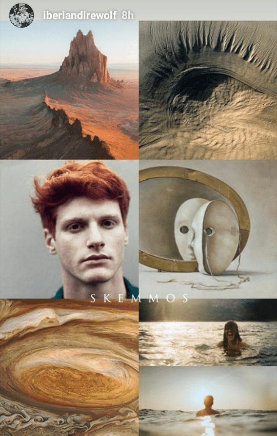 Skemmos Hydranos fantasy book character aesthetic mood board bronze red beige colors with desert and mask