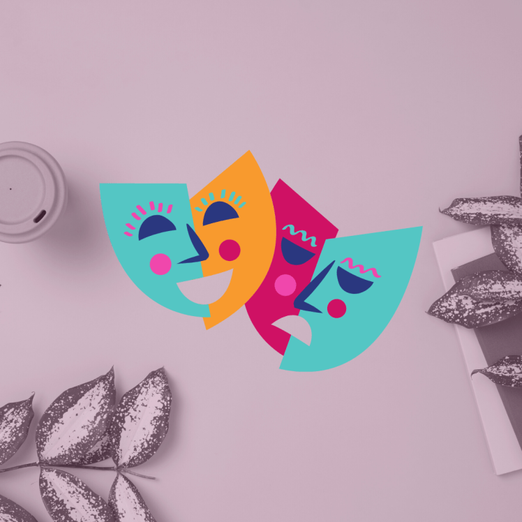 greek drama masks with plants and coffee cup