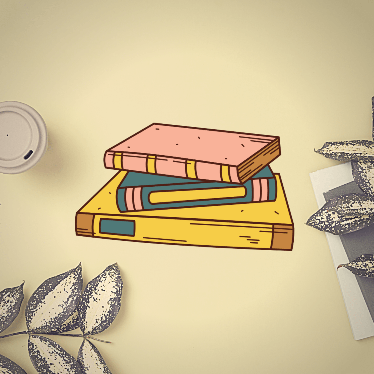 stack of books illutration with plants and coffee cup