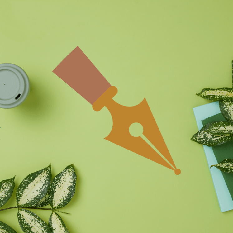 fountain pen illustration with plants and coffee cup