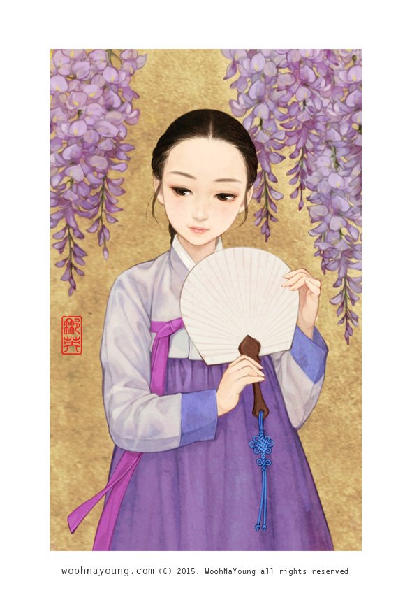 Girl in Korean traditional hanbok clothes holding fan with Wisteria flower by Wooh Na-young