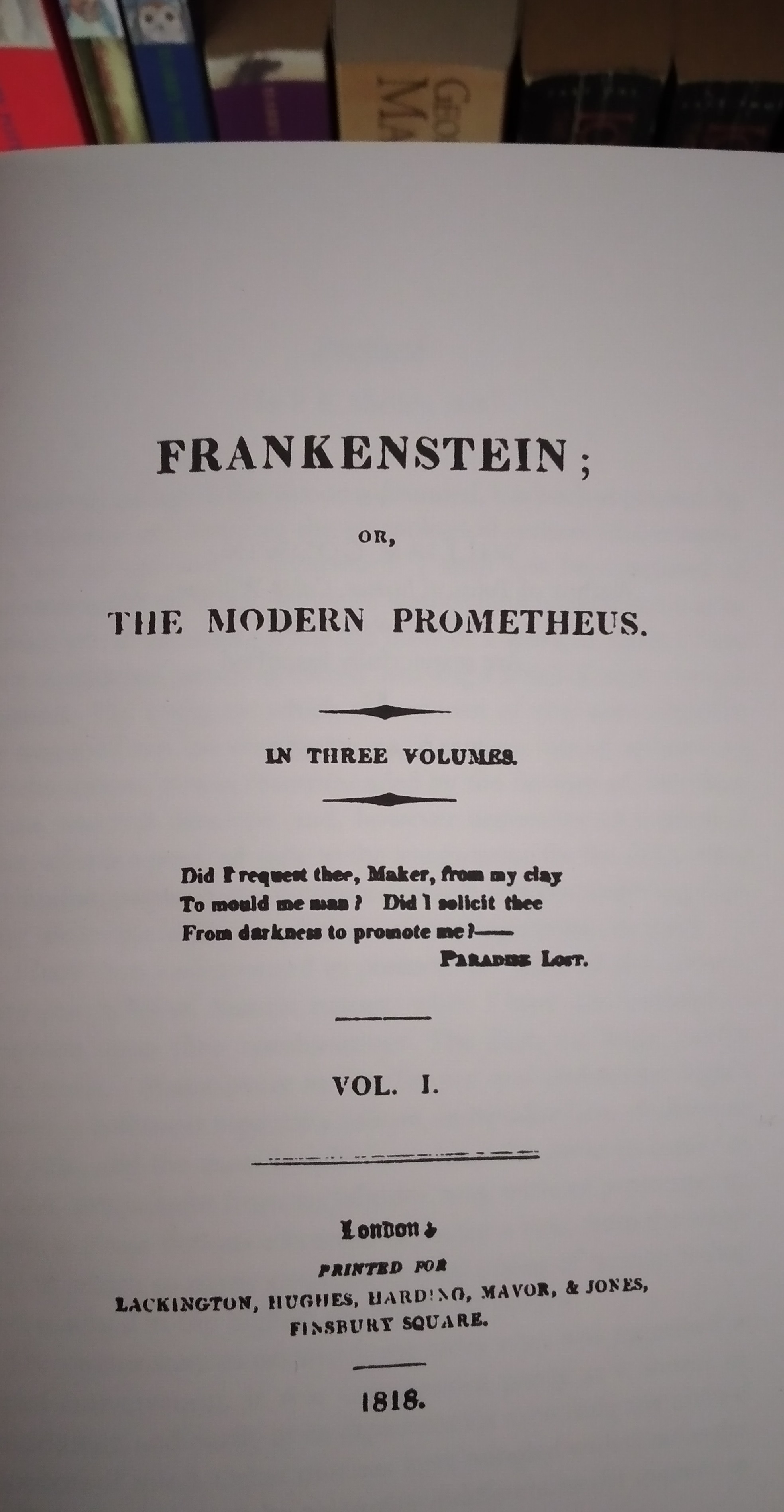 Mary Shelley Frankenstein first edition front matter page